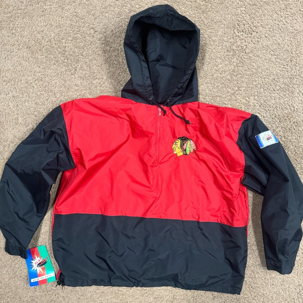 VTG Chicago Blackhawks Men's XL Jacket Slap Shot 1/4 Zip Windbreaker Hooded